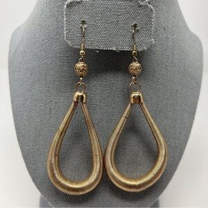 Large Gold Tone Textured Spring Teardrop Hoop Dangle Earrings Rose Bead